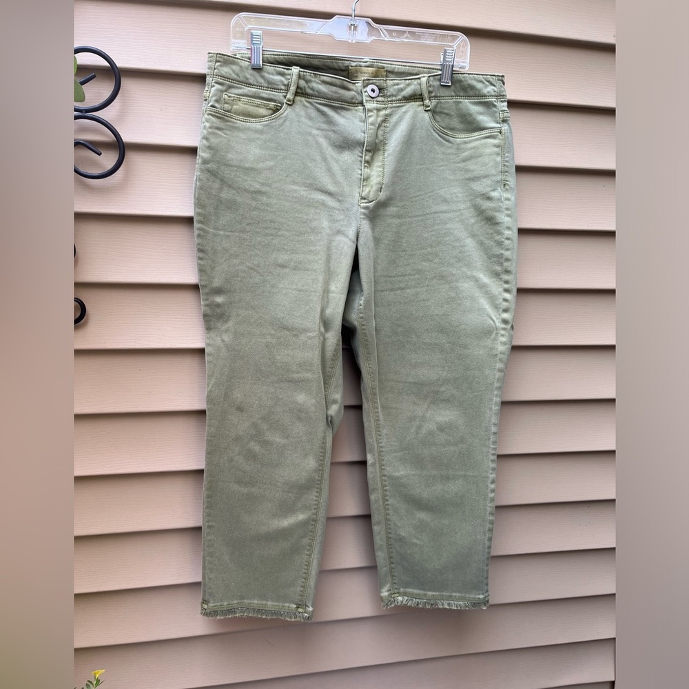 J Jill Denim Authentic Fit Cropped Jeans, Green Fringe Hems, size 14